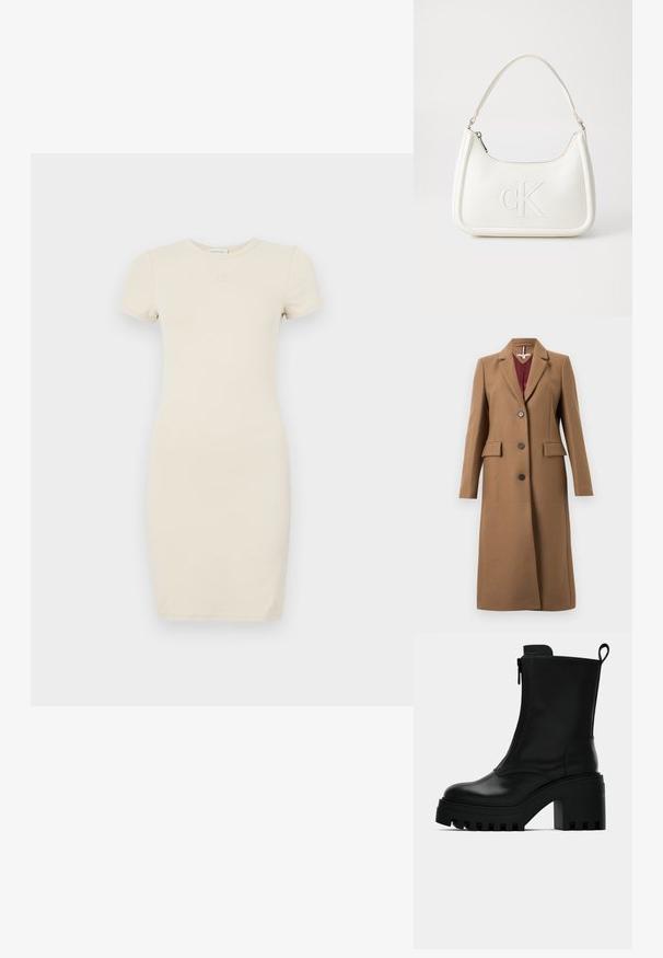 Manteau long en laine couleur camel avec revers crantés, trois boutons foncés, poches à rabat et doublure intérieure bordeaux.; Robe beige clair à manches courtes avec une silhouette ajustée. Fabriquée en tissu doux, elle présente un petit logo brodé sur la poitrine.; Bottine en cuir noir avec semelle à crampons, talon carré, fermeture éclair sur le côté et languette à l'arrière sur fond blanc uni.; Sac à main en cuir blanc avec une forme courbée, arborant un logo "CK" embossé à l'avant et une seule bandoulière. Fermeture à glissière en haut.
