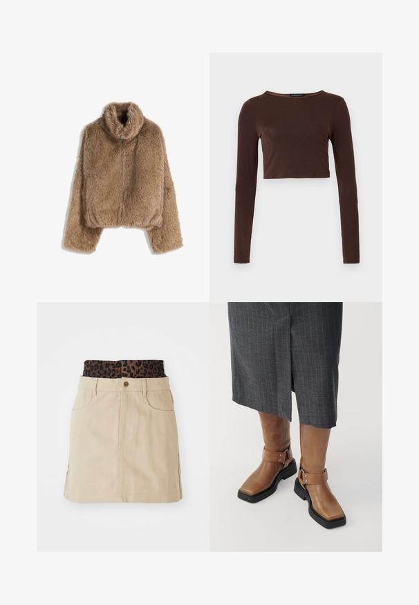 Jachetă din blană falsă maro cu mâneci lungi și guler înalt, dotată cu închidere prin fermoar frontal.; Top scurt, maro, cu mâneci lungi, realizat dintr-un material neted, având un guler rotund și un design ajustat. Fără modele sau accente vizibile.; Fustă din denim bej cu un brâu elastic cu imprimeu leopard maro, buzunare frontale și o croială dreaptă, cu detalii de cusut vizibile.; Botine din piele maro, până la genunchi, cu vârf pătrat, talpă din cauciuc negru și detalii cu curea reglabile. Purtați cu o fustă gri cu dungi.