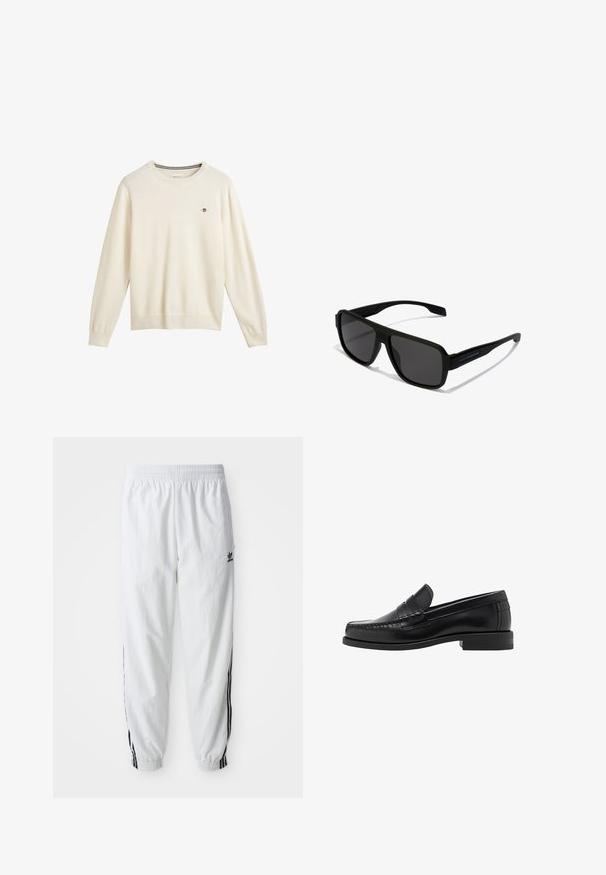 Weißer Zip-Up-Jacke mit hohem Kragen, ausgestattet mit schwarzen Drei-Streifen-Akzenten an den Ärmeln und einem kleinen schwarzen adidas-Logo auf der Brust.; Cremfarbener Strickpullover mit langen Ärmeln und elastischem Saum, ausgestattet mit einem kleinen gestickten Logo auf der Brust. Glatte Textur.; Weiße Sporthose mit schwarzen Seitenstreifen, elastischem Taillenbund und Bündchen; mit Adidas-Logo am linken Oberschenkel. Glatte Stoffstruktur.; Schwarze Lederloafer mit glatter Oberfläche, genähten Details an der Zehe und einem flachen Absatzdesign für Komfort und Stil.; Hawkers PARLAY - Sonnenbrille - black