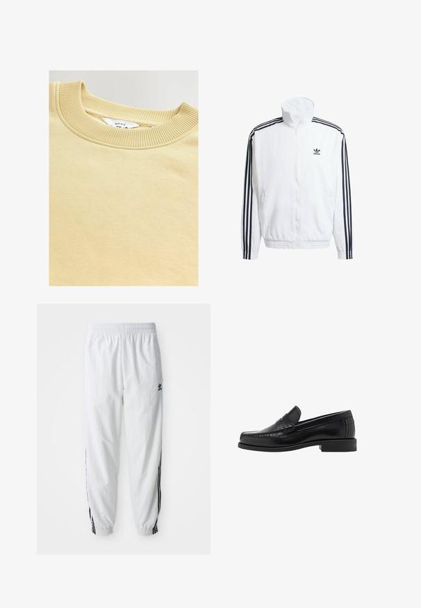 Jachetă albă cu fermoar și guler înalt, cu accente negre în trei dungi pe mâneci și un mic logo negru adidas pe piept.; Hanorac de culoare crem, cu guler rotund cu strițuri. Textură moale și țesătură netedă, având un etichetă cu inscripția "NEXT" în interior.; Pantaloni atletici albi cu dungi negre pe lateral, talie elastică și manșete; prezintă logo-ul Adidas pe coapsa stângă. Textură a țesăturii netedă.; Mocasini negri din piele, cu un finisaj neted, detalii cusute pe vârf și un design cu toc jos pentru confort și stil.