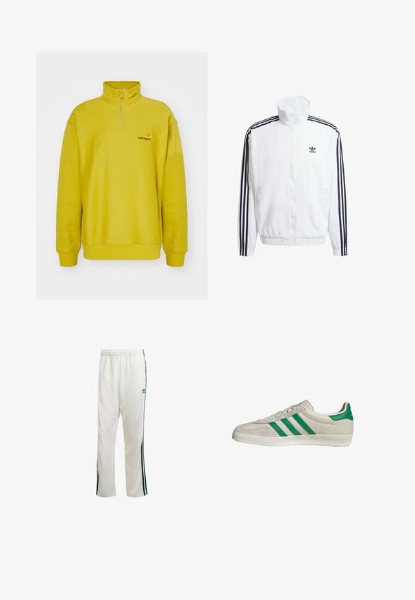 Weißer Zip-Up-Jacke mit hohem Kragen, ausgestattet mit schwarzen Drei-Streifen-Akzenten an den Ärmeln und einem kleinen schwarzen adidas-Logo auf der Brust.; Gelber Fleece-Pullover mit einem halben Reißverschluss, gerippten Bündchen und einem gestickten Logo auf der linken Brust. Weiche Textur.; Weiße Sporthose mit grünen Seitenstreifen, elastischem Bund und einem Logo auf der oberen linken Seite. Hergestellt aus leichtem Stoff.; Beige Sneaker mit grünen Streifen, ausgestattet mit einer weißen Sohle und einem Obermaterial aus glattem Leder. Seitenansicht, die die Schnürdetails und das Logo hervorhebt.