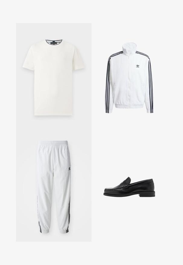 Bílá bundová mikina na zip s vysokým límečkem, která má černé třípruhé akcenty na rukávech a malé černé logo adidas na hrudi.; Bílý tričko s krátkým rukávem se strukturovaným vzorem, kulatým výstřihem a námořnickými pruhy na límci. Lehká tkanina. Volný střih.; Bílé sportovní kalhoty s černými bočními pruhy, elastickým pasem a manžetami; na levém stehně je logo Adidas. Hladká textilie.; Černé kožené mokasíny s hladkým povrchem, prošíváním na špičce a nízkým podpatkem pro komfort a styl.