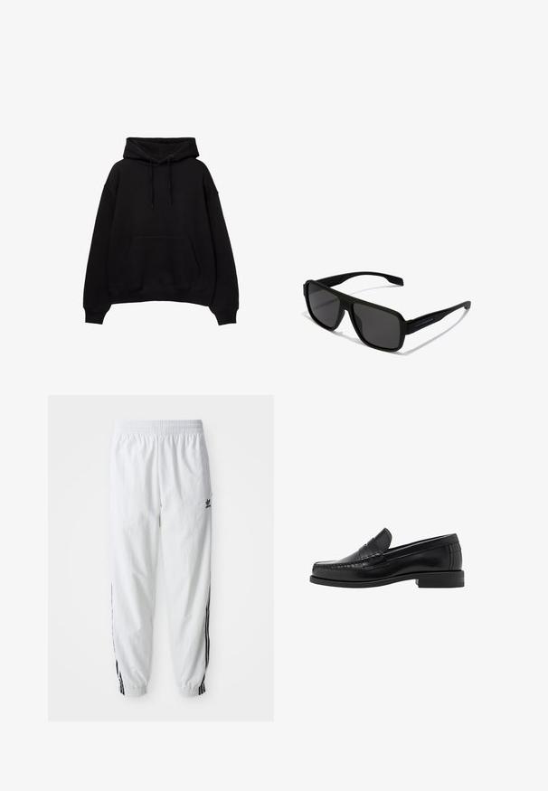 Biela zapínacia bunda s vysokým golierom, s čiernymi trojpruhovými akcentmi na rukávoch a malým čiernym logom adidas na hrudi.; Čierna mikina s kapucňou a prednou kapsou, voľný strih, rebrované manžety a lem. Vyrobená z hrubej tkaniny, s šnúrkami na kapucni.; Biele športové nohavice s čiernymi bočnými pruhmi, elastickým pásom a manžetami; na ľavom stehne je logo Adidas. Hladká textúra látky.; Čierne kožené loafers s hladkým povrchom, prešívané detaily na špičke a nízky dizajn podpätku pre pohodlie a štýl.; Hawkers PARLAY - Slnečné okuliare - black