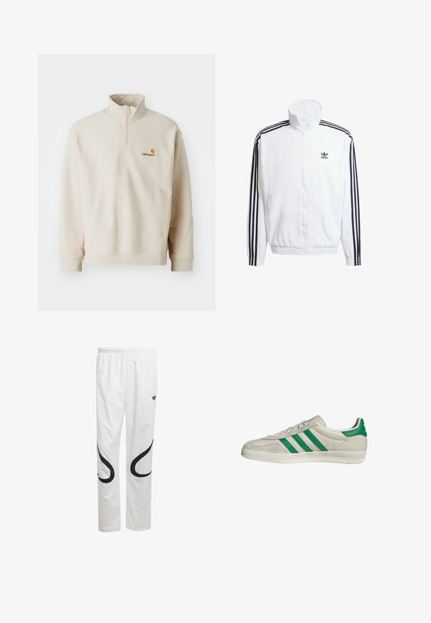 Giacca bianca con zip e collo alto, con accenti neri a tre strisce sulle maniche e piccolo logo adidas nero sul petto.; Pullover in fleece beige con zip a quarto, colletto alto e logo Carhartt ricamato in giallo e marrone sul lato sinistro del petto.; Pantaloni sportivi bianchi con una texture liscia, caratterizzati da motivi curvi neri sui lati e un logo nero vicino all'elastico in vita.; Sneaker beige con strisce verdi, con suola bianca e tomaia in pelle liscia. Vista laterale che evidenzia i dettagli dei lacci e il logo.