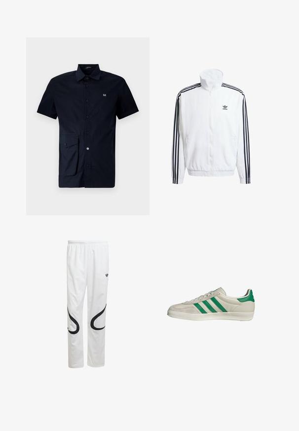 Witte zip-up jas met hoge kraag, voorzien van zwarte driekleurige accenten op de mouwen en een klein zwart adidas-logo op de borst.; Korte mouwen marineblauw overhemd met knopen, gemaakt van katoen, met een patchzak aan de linkerkant en een klein logo-patch op de borst.; Witte sportbroeken met een gladde textuur, voorzien van zwarte gebogen ontwerpen aan de zijkanten en een zwart logo vlakbij de tailleband.; Beige sneaker met groene strepen, voorzien van een witte zool en een bovenkant van glad leer. Zijaanzicht dat de veters en het logo benadrukt.