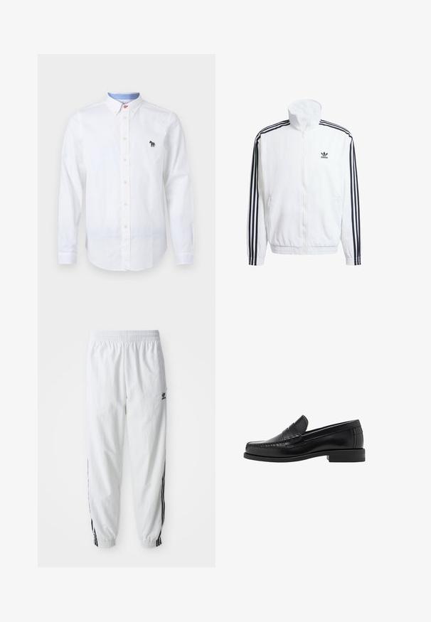 Giacca bianca con zip e collo alto, con accenti neri a tre strisce sulle maniche e piccolo logo adidas nero sul petto.; Camicia bianca con bottoni, realizzata in cotone, con colletto, maniche lunghe e un logo di zebra colorato ricamato sul petto.; Pantaloni sportivi bianchi con strisce nere sui lati, vita elasticizzata e polsini; presenta il logo Adidas sulla coscia sinistra. Texture del tessuto liscia.; Mocassini in pelle nera con una finitura liscia, dettagli cuciti sulla punta e un design a tacco basso per comfort e stile.