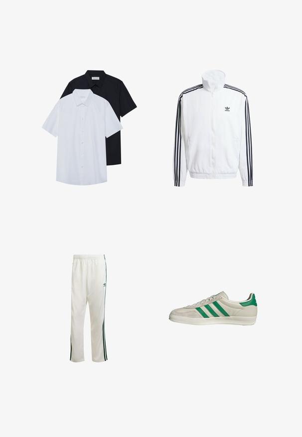 Weißer Zip-Up-Jacke mit hohem Kragen, ausgestattet mit schwarzen Drei-Streifen-Akzenten an den Ärmeln und einem kleinen schwarzen adidas-Logo auf der Brust.; Kurzarm-Hemden mit Knöpfen in Weiß und Schwarz, aus einem Baumwollmischgewebe hergestellt. Sie verfügen über einen klassischen Kragen und einen geraden Saum.; Weiße Sporthose mit grünen Seitenstreifen, elastischem Bund und einem Logo auf der oberen linken Seite. Hergestellt aus leichtem Stoff.; Beige Sneaker mit grünen Streifen, ausgestattet mit einer weißen Sohle und einem Obermaterial aus glattem Leder. Seitenansicht, die die Schnürdetails und das Logo hervorhebt.
