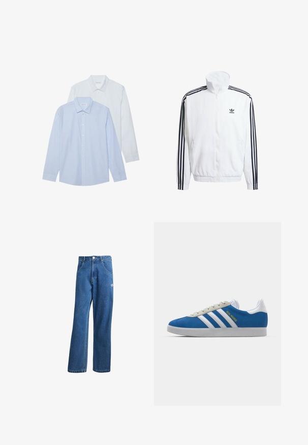 Casaco branco com fecho éclair e gola alta, apresentando detalhes em preto com três riscas nas mangas e um pequeno logotipo preto da adidas no peito.; Duas camisas de manga longa: uma azul-claro com finas riscas verticais e a outra completamente branca. Ambas possuem golas e botões na frente.; Calças de ganga azul com cintura alta e perna larga, com bolsos frontais, passadores de cinto, fecho de botão e pequeno logótipo da Adidas na coxa direita.; adidas Originals ADIDAS GAZELLE SHOES - Botas de futebol de salão - real madrid/bluebird/footwear white/crew yellow