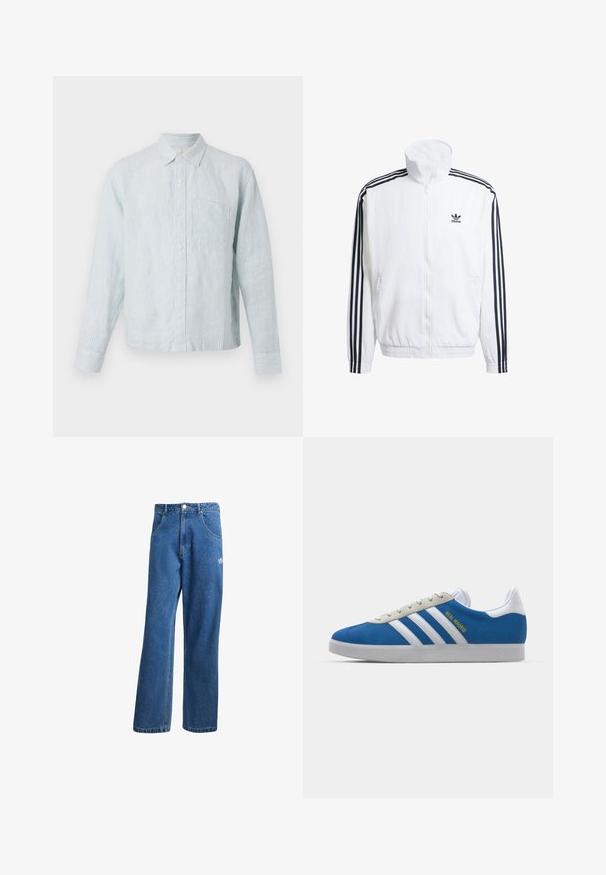 Casaco branco com fecho éclair e gola alta, apresentando detalhes em preto com três riscas nas mangas e um pequeno logotipo preto da adidas no peito.; Camisa de botão listrada em azul claro com mangas longas, um único bolso no peito e um colarinho clássico, feita de um tecido texturizado suave.; Calças de ganga azul com cintura alta e perna larga, com bolsos frontais, passadores de cinto, fecho de botão e pequeno logótipo da Adidas na coxa direita.; adidas Originals ADIDAS GAZELLE SHOES - Botas de futebol de salão - real madrid/bluebird/footwear white/crew yellow