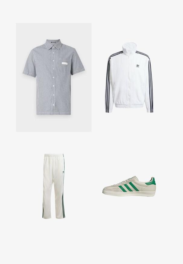 Weißer Zip-Up-Jacke mit hohem Kragen, ausgestattet mit schwarzen Drei-Streifen-Akzenten an den Ärmeln und einem kleinen schwarzen adidas-Logo auf der Brust.; Kurzarm-Hemd mit Knopfleiste in blau-weißer Streifenoptik, ausgestattet mit einer Brusttasche und einem klassischen Kragen. Hergestellt aus leichtem Material.; Weiße Sporthose mit grünen Seitenstreifen, elastischem Bund und einem Logo auf der oberen linken Seite. Hergestellt aus leichtem Stoff.; Beige Sneaker mit grünen Streifen, ausgestattet mit einer weißen Sohle und einem Obermaterial aus glattem Leder. Seitenansicht, die die Schnürdetails und das Logo hervorhebt.