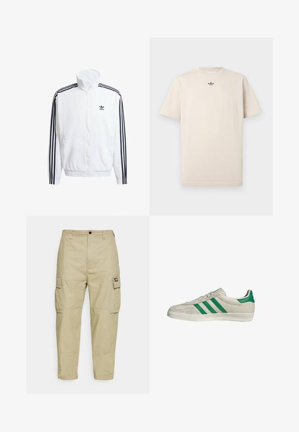 Witte zip-up jas met hoge kraag, voorzien van zwarte driekleurige accenten op de mouwen en een klein zwart adidas-logo op de borst.; Beige katoenen t-shirt met een ronde hals, korte mouwen en een klein donker logo op de borst. Gladde textuur en casual pasvorm.; Beige cargobroek van duurzaam materiaal, voorzien van twee zijzakken, een knoopsluiting en taps toelopende benen met een gladde textuur.; Beige sneaker met groene strepen, voorzien van een witte zool en een bovenkant van glad leer. Zijaanzicht dat de veters en het logo benadrukt.