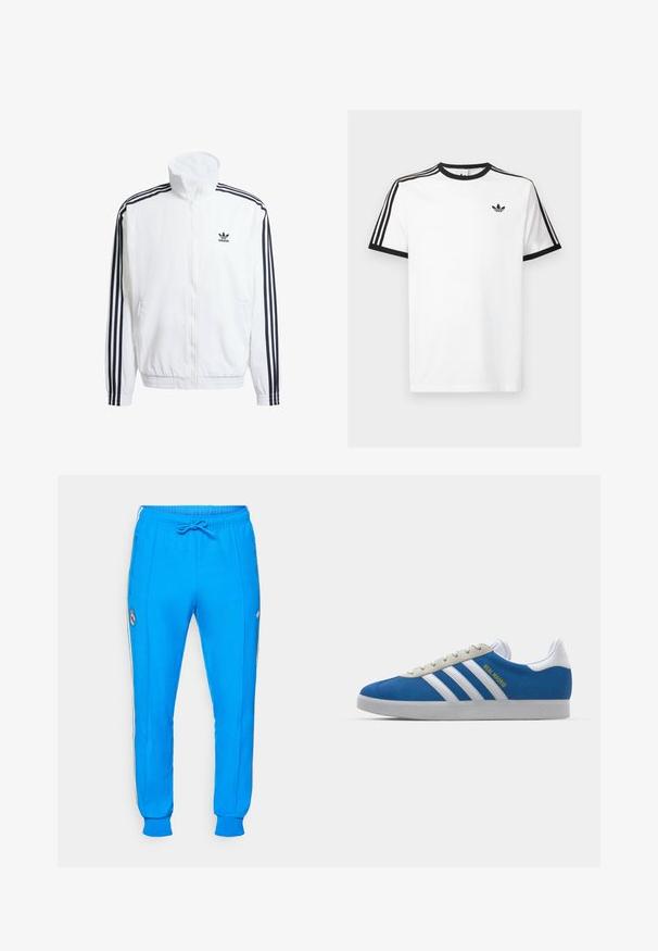 Casaco branco com fecho éclair e gola alta, apresentando detalhes em preto com três riscas nas mangas e um pequeno logotipo preto da adidas no peito.; T-shirt de algodão branco com decote e mangas caneladas pretas, apresentando três riscas pretas em cada ombro e um pequeno logotipo no peito.; adidas Originals REAL MADRID ICON TRACK PANT - Roupa de discoteca - bluebird/white; adidas Originals ADIDAS GAZELLE SHOES - Botas de futebol de salão - real madrid/bluebird/footwear white/crew yellow
