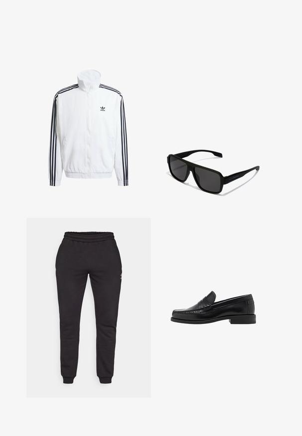 Valkoinen vetoketjullinen takki korkealla kauluksella, jossa on mustat kolmonauha-akcentit hihoissa ja pieni musta adidas-logo rinnassa.; Mustat lyhythihaiset t-paidat, joissa on pyöreä pääntie, on valmistettu sileästä ja joustavasta kankaasta. Istuvuus on slim, suunniteltu istumaan tiiviisti vartalon lähellä.; Musta collegehousut, jotka on valmistettu pehmeästä puuvillasta. Niissä on joustava vyötärö, kapenevat lahkeet ja pieni logotyyppinen yksityiskohta vasemmalla puolella.; Musta nahkayksilöinen loafersi, jossa on sileä pinta, ommellut yksityiskohdat varpaisiin ja matala kanta mukavuutta ja tyyliä varten.; Hawkers PARLAY - Aurinkolasit - black