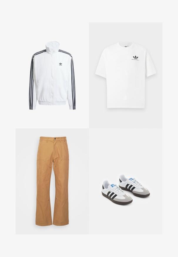 Balta zip-up striukė su aukštu kaklu, turinti juodus trijų juostų akcentus ant rankovių ir mažą juodą adidas logotipą ant krūtinės.; Balta medvilninė marškinėlių su trumpomis rankovėmis, su juodu "BASKETBALL" logotipu ir ikonišku trimis juostelėmis dizainu priekyje.; Smėliniai cargo džinsai pagaminti iš tvirto audinio, turintys šonines kišenes, metalinius akcentus, tiesią kelnių liniją ir reguliuojamą liemenį.; Sportiniai batai su balta odine viršutine dalimi, pilku zomšiniu priekiu ir trimis juodomis juostelėmis. Ant liežuvio yra mėlynas logotipas, o padas pagamintas iš tekstūruoto gumos.