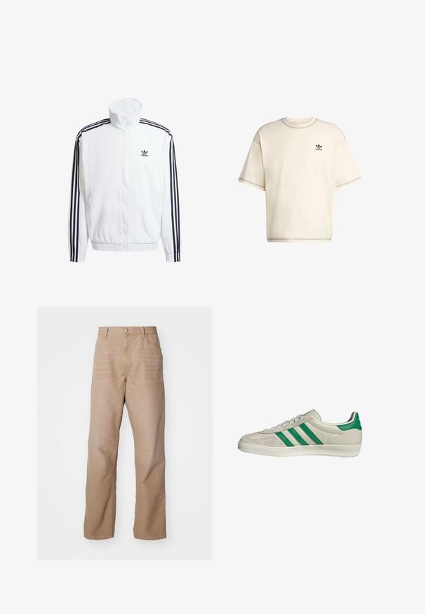 Weißer Zip-Up-Jacke mit hohem Kragen, ausgestattet mit schwarzen Drei-Streifen-Akzenten an den Ärmeln und einem kleinen schwarzen adidas-Logo auf der Brust.; Cremefarbenes, oversized T-Shirt aus Baumwolle mit kurzen Ärmeln, Rundhalsausschnitt und schwarzem Adidas-Logo auf der linken Brust.; Beige Baumwollhose mit geradem Schnitt, ausgestattet mit einem Reißverschluss, im Five-Pocket-Stil und mit subtiler Textur.; Beige Sneaker mit grünen Streifen, ausgestattet mit einer weißen Sohle und einem Obermaterial aus glattem Leder. Seitenansicht, die die Schnürdetails und das Logo hervorhebt.