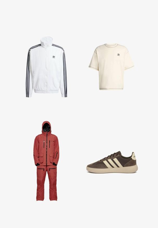 Witte zip-up jas met hoge kraag, voorzien van zwarte driekleurige accenten op de mouwen en een klein zwart adidas-logo op de borst.; Crème-kleurige oversized t-shirt van katoen, met korte mouwen, ronde hals en zwart Adidas-logo op de linkerbovenborst.; Rode waterdichte skikostuum met een capuchon, voorzien van zwarte ritsen en accenten, meerdere zakken en een textuurstof voor isolatie.; Bruine suède sneaker met drie witte strepen, afgeronde neus, dikke rubberen zool en minimale branding op de hiel.