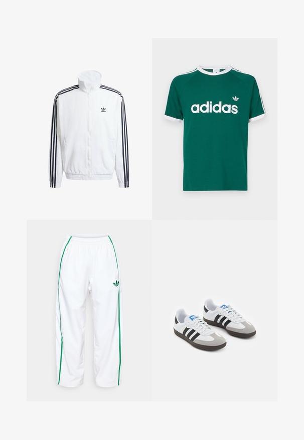 Chaqueta blanca con cierre en la parte delantera y cuello alto, con acentos en negro de tres rayas en las mangas y un pequeño logo negro de adidas en el pecho.; Camiseta verde de algodón con detalles en blanco, que presenta un gran logo "adidas", mangas ranglán y un ribete contrastante en el cuello y las mangas.; Pantalones deportivos blancos con rayas verdes en los laterales, cintura elástica y dos bolsillos con cremallera. Hechos de una tela suave y ligera.; Zapatillas deportivas con parte superior de piel blanca, puntera de ante gris y tres rayas negras. Presentan un logo azul en la lengüeta y una suela de goma texturizada.