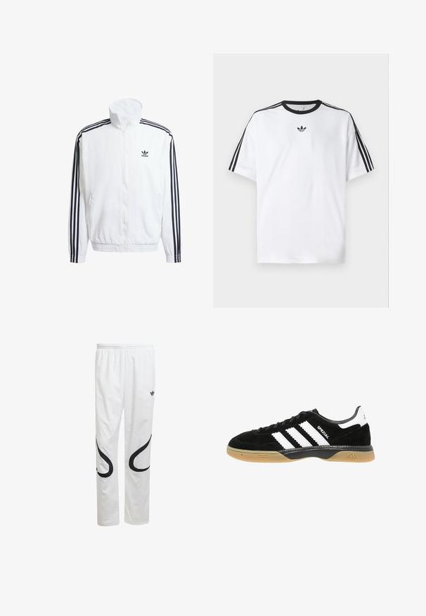 Chaqueta blanca con cierre en la parte delantera y cuello alto, con acentos en negro de tres rayas en las mangas y un pequeño logo negro de adidas en el pecho.; Camiseta blanca de algodón, con un cuello redondo negro y tres rayas negras en cada hombro. Pequeño logo negro en el pecho.; Pantalones deportivos blancos con una textura suave, que presentan diseños curvados en negro a los lados y un logo negro cerca de la cintura.; Zapatilla de ante negra con tres rayas blancas, suela de goma color caramelo y acentos negros. Cuenta con un perfil bajo y un diseño de punta redonda.
