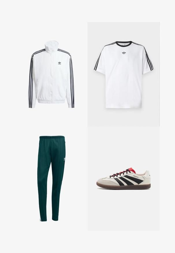 Giacca bianca con zip e collo alto, con accenti neri a tre strisce sulle maniche e piccolo logo adidas nero sul petto.; Maglietta bianca in cotone, con scollatura rotonda nera e tre strisce nere su ciascuna spalla. Piccolo logo nero sul petto.; Pantaloni sportivi verde scuro con vestibilità affusolata, vita elasticizzata, tasche laterali con zip e strisce bianche sui lati. Realizzati in materiale morbido e traspirante.; Sneakers bianchi e neri con accenti rossi, caratterizzati da una tomaia in suede e pelle, tre strisce nere, lacci piatti e una suola in gomma testurizzata.