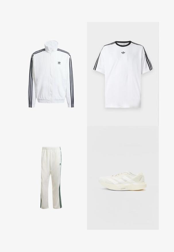 Valge tõmbluku ja kõrge kaelusega jope, millel on mustad kolm triipu aktsentideks varrukatel ning väike must adidas logo rinnal.; Valge puuvillane T-särk, millel on must ümmargune kaelus ja kolm musta triipu igal õlal. Rinnal väike must logo.; Valged spordipüksid roheliste külgtriipudega, elastse välikuue ja logoga vasakul ülal. Valmistatud kergest kangast.; Valge sportlik king, millel on võrgust ülemine osa, kolmest valgest triibust, ümarast varbast ja heledast tallast, millel on kiri "LIGHTSTRIKE PRO."