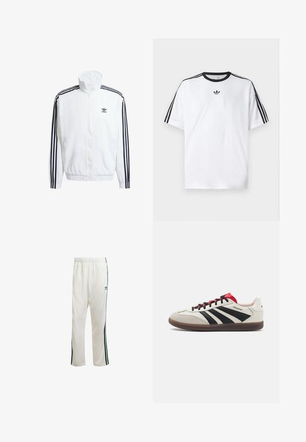 Vit dragkedjesjacka med hög krage, prydd med svarta tre-rands accenter på ärmarna och en liten svart adidas-logga på bröstet.; Vit T-shirt i bomull, med svart rund halsringning och tre svarta ränder på varje axel. Litet svart logotyp på bröstet.; Vita atletiska byxor med gröna sidosträcker, elastisk midja och en logo på övre vänstra sidan. Tillverkade av lättviktig tyg.; Vita och svarta sneakers med röda accenter, med överdel i mocka och läder, tre svarta ränder, platta skosnören och en texturerad gummisula.