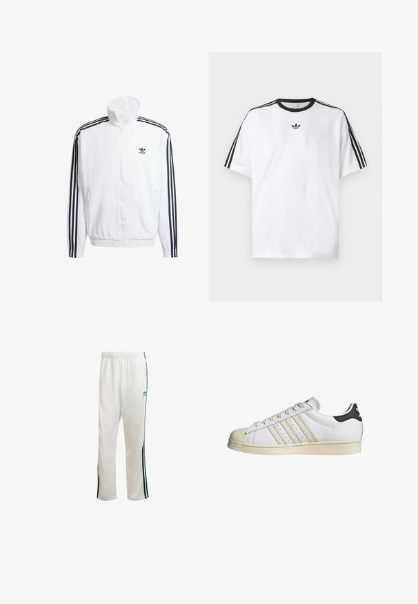 White zip-up jacket with high collar, featuring black three-stripe accents on sleeves and a small black adidas logo on the chest.; White T-shirt made of cotton, featuring a black round neckline and three black stripes on each shoulder. Small black logo on the chest.; White athletic pants with green side stripes, elastic waistband, and a logo on the upper left side. Made from lightweight fabric.; White leather sneaker with black heel accent, three beige stripes, textured toe cap, and light-colored rubber sole, featuring perforations for breathability.