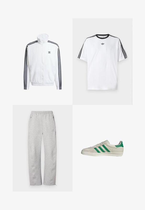 Witte zip-up jas met hoge kraag, voorzien van zwarte driekleurige accenten op de mouwen en een klein zwart adidas-logo op de borst.; Witte T-shirt van katoen, met een zwarte ronde halslijn en drie zwarte strepen op elke schouder. Klein zwart logo op de borst.; Grijze joggingbroek met elastische tailleband, zijzakken en ritsen aan de pijpen, gemaakt van zachte stof met een gladde textuur. Subtiel logodetail.; Beige sneaker met groene strepen, voorzien van een witte zool en een bovenkant van glad leer. Zijaanzicht dat de veters en het logo benadrukt.
