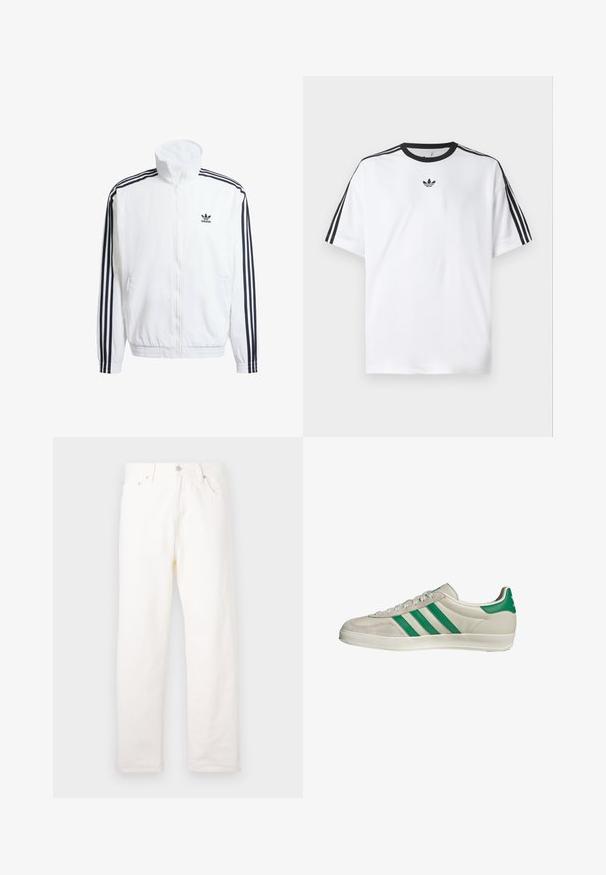 Weißer Zip-Up-Jacke mit hohem Kragen, ausgestattet mit schwarzen Drei-Streifen-Akzenten an den Ärmeln und einem kleinen schwarzen adidas-Logo auf der Brust.; Weißes T-Shirt aus Baumwolle mit einem schwarzen, runden Halsausschnitt und drei schwarzen Streifen auf jeder Schulter. Kleines schwarzes Logo auf der Brust.; Weiße Denim-Jeans mit geradem Bein, ausgestattet mit Vordertaschen, Metallknopfverschluss und klassischen Nähten.; Beige Sneaker mit grünen Streifen, ausgestattet mit einer weißen Sohle und einem Obermaterial aus glattem Leder. Seitenansicht, die die Schnürdetails und das Logo hervorhebt.