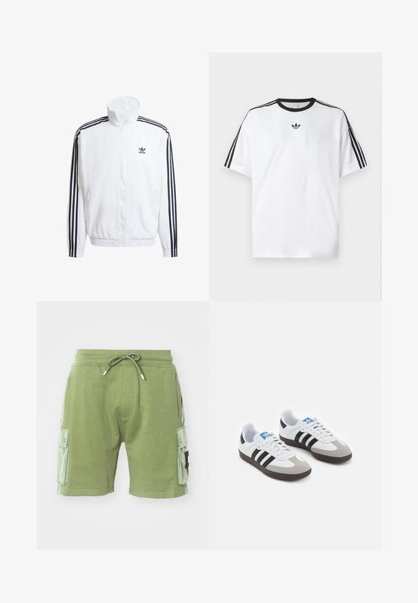 Casaco branco com fecho éclair e gola alta, apresentando detalhes em preto com três riscas nas mangas e um pequeno logotipo preto da adidas no peito.; Camiseta branca em algodão, com gola redonda preta e três riscas pretas em cada ombro. Pequeno logótipo preto no peito.; Calções de algodão verdes com cintura elástica e cordão. Apresentam dois bolsos laterais e painéis texturizados nas laterais.; Ténis desportivos com um cabedal em pele branca, biqueira em camurça cinza e três riscas pretas. Apresenta um logo azul na língua e uma sola de borracha texturizada.