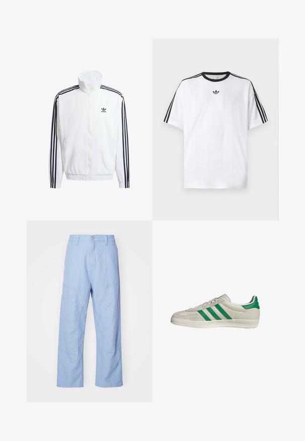 Witte zip-up jas met hoge kraag, voorzien van zwarte driekleurige accenten op de mouwen en een klein zwart adidas-logo op de borst.; Witte T-shirt van katoen, met een zwarte ronde halslijn en drie zwarte strepen op elke schouder. Klein zwart logo op de borst.; Lichtblauwe linnen broek met een relaxte pasvorm, voorzien van flapzakken en zichtbare stikseldetails. De stof heeft een zachte, textuurrijke uitstraling.; Beige sneaker met groene strepen, voorzien van een witte zool en een bovenkant van glad leer. Zijaanzicht dat de veters en het logo benadrukt.