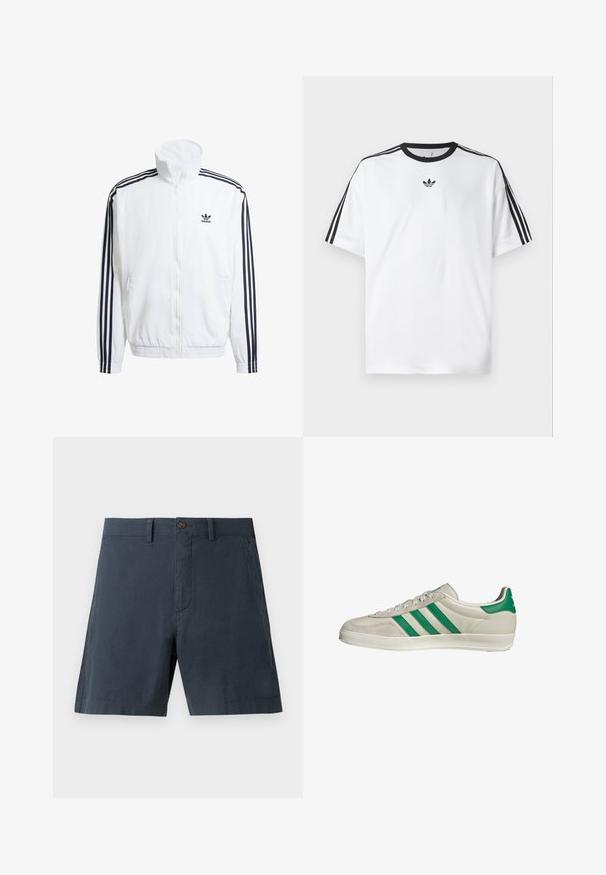 Giacca bianca con zip e collo alto, con accenti neri a tre strisce sulle maniche e piccolo logo adidas nero sul petto.; Maglietta bianca in cotone, con scollatura rotonda nera e tre strisce nere su ciascuna spalla. Piccolo logo nero sul petto.; Pantaloni corti blu navy realizzati in tessuto misto cotone, con chiusura a bottone, tasche laterali e design a gamba dritta.; Sneaker beige con strisce verdi, con suola bianca e tomaia in pelle liscia. Vista laterale che evidenzia i dettagli dei lacci e il logo.