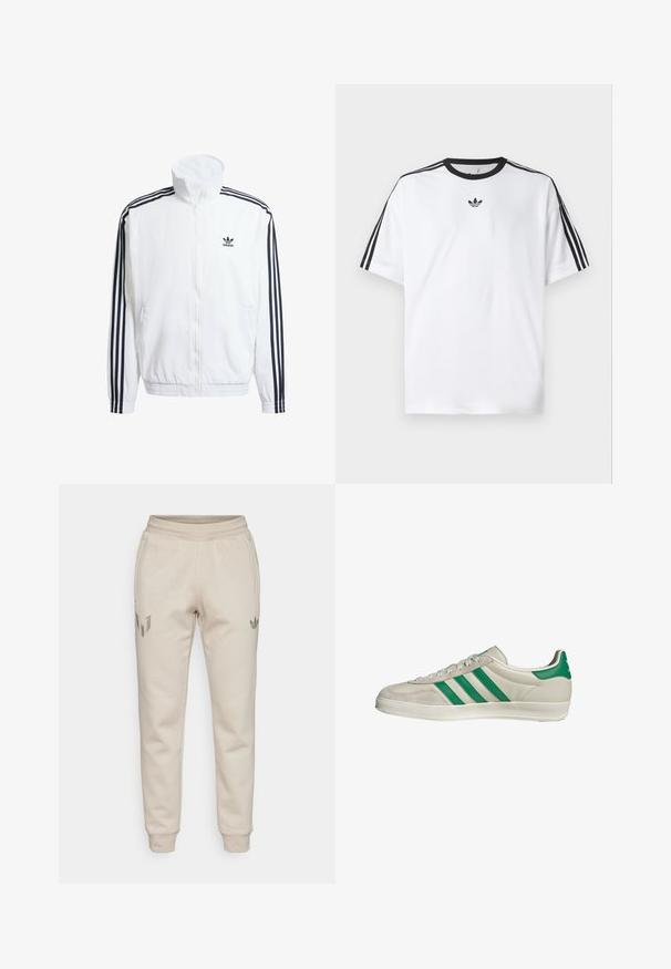 Weißer Zip-Up-Jacke mit hohem Kragen, ausgestattet mit schwarzen Drei-Streifen-Akzenten an den Ärmeln und einem kleinen schwarzen adidas-Logo auf der Brust.; Weißes T-Shirt aus Baumwolle mit einem schwarzen, runden Halsausschnitt und drei schwarzen Streifen auf jeder Schulter. Kleines schwarzes Logo auf der Brust.; Beige Jogginghosen mit einer strukturierten Oberfläche. Ausgestattet mit einem elastischen Bund und schmal zulaufenden Beinen. Auffällige Logos auf dem linken Oberschenkel und der rechten Tasche.; Beige Sneaker mit grünen Streifen, ausgestattet mit einer weißen Sohle und einem Obermaterial aus glattem Leder. Seitenansicht, die die Schnürdetails und das Logo hervorhebt.