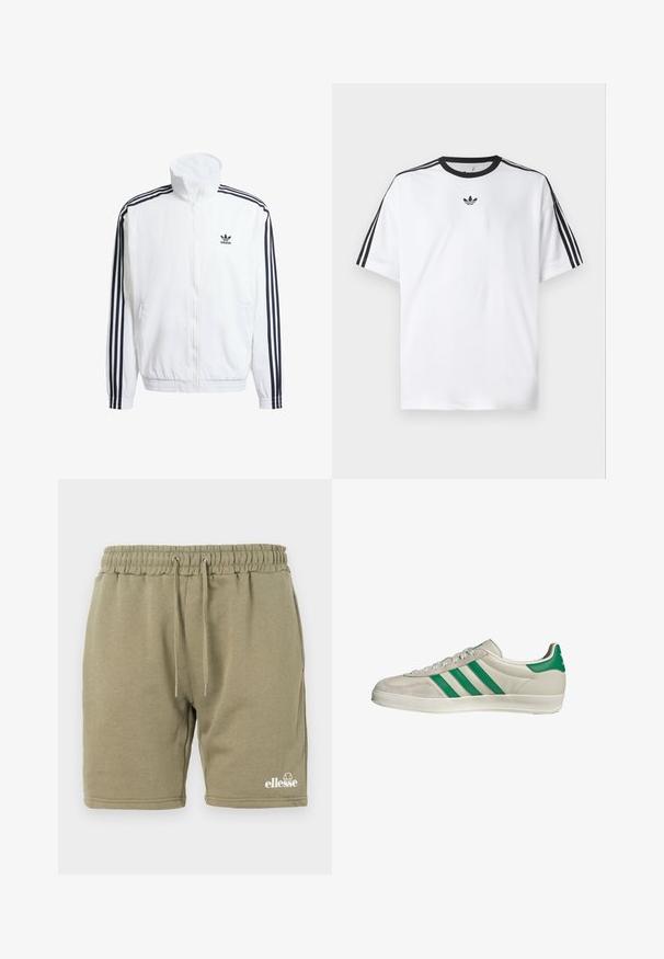Giacca bianca con zip e collo alto, con accenti neri a tre strisce sulle maniche e piccolo logo adidas nero sul petto.; Maglietta bianca in cotone, con scollatura rotonda nera e tre strisce nere su ciascuna spalla. Piccolo logo nero sul petto.; Shorts da sudore verde oliva realizzati in morbido cotone misto, con vita elastica e coulisse, e un logo stampato nell'angolo inferiore.; Sneaker beige con strisce verdi, con suola bianca e tomaia in pelle liscia. Vista laterale che evidenzia i dettagli dei lacci e il logo.