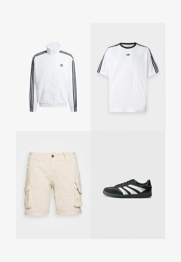 Witte zip-up jas met hoge kraag, voorzien van zwarte driekleurige accenten op de mouwen en een klein zwart adidas-logo op de borst.; Witte T-shirt van katoen, met een zwarte ronde halslijn en drie zwarte strepen op elke schouder. Klein zwart logo op de borst.; Beige cargoshorts met twee zijzakken, een opgerolde zoom, knoopsluiting en riemlussen. Gemaakt van lichtgewicht, struktueerstof.; adidas Performance PREDATOR FREESTYLE JUDE INDOOR FOOTBALL SHOES - Zaalvoetbalschoenen - core black/silver-coloured/glory blue