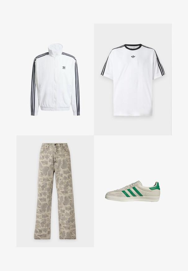 Weißer Zip-Up-Jacke mit hohem Kragen, ausgestattet mit schwarzen Drei-Streifen-Akzenten an den Ärmeln und einem kleinen schwarzen adidas-Logo auf der Brust.; Weißes T-Shirt aus Baumwolle mit einem schwarzen, runden Halsausschnitt und drei schwarzen Streifen auf jeder Schulter. Kleines schwarzes Logo auf der Brust.; Carhartt WIP LANDON PANT - Jeans Straight Leg - grey/black; Beige Sneaker mit grünen Streifen, ausgestattet mit einer weißen Sohle und einem Obermaterial aus glattem Leder. Seitenansicht, die die Schnürdetails und das Logo hervorhebt.