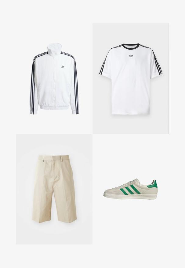 Weißer Zip-Up-Jacke mit hohem Kragen, ausgestattet mit schwarzen Drei-Streifen-Akzenten an den Ärmeln und einem kleinen schwarzen adidas-Logo auf der Brust.; Weißes T-Shirt aus Baumwolle mit einem schwarzen, runden Halsausschnitt und drei schwarzen Streifen auf jeder Schulter. Kleines schwarzes Logo auf der Brust.; Beige schmal geschnittene Shorts mit geradem Schnitt, ausgestattet mit Gürtelschlaufen, gefaltetem Vorderteil und einer glatten Baumwolltextur. Keine Taschen oder zusätzliche Details.; Beige Sneaker mit grünen Streifen, ausgestattet mit einer weißen Sohle und einem Obermaterial aus glattem Leder. Seitenansicht, die die Schnürdetails und das Logo hervorhebt.