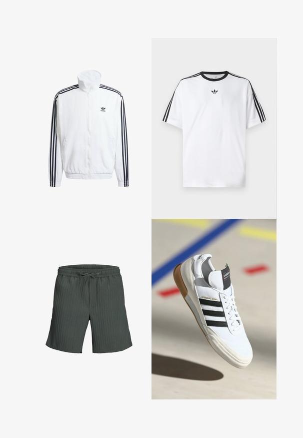 Bela zip-up jakna z visokim ovratnikom, ki ima črne tri-ravne akcentne na rokavih in majhen črn adidas logotip na prsih.; Bela majica iz bombaža z črnimi okroglimi izrezi in tremi črnimi črtami na vsakem ramu. Majhen črn logotip na prsih.; Temnozelena, rebrasta kratka hlače z elastičnim pasom in vrvico. Ohlapno prileganje povečuje udobje in gibljivost.; Beli Adidas Mundial Goal športni copat z črnimi črtami in gumijastim podplatom, prikazan v zraku nad športnim igriščem z barvnimi črtami.