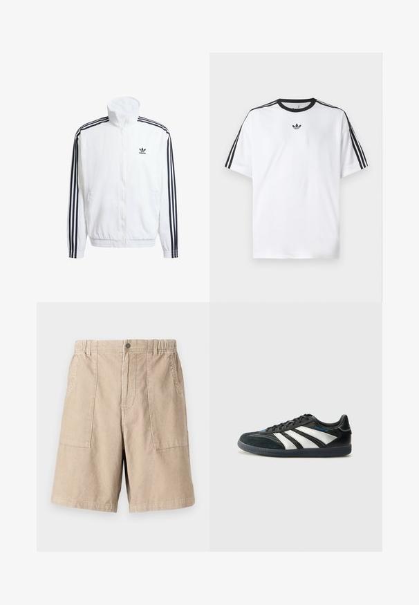 White zip-up jacket with high collar, featuring black three-stripe accents on sleeves and a small black adidas logo on the chest.; White T-shirt made of cotton, featuring a black round neckline and three black stripes on each shoulder. Small black logo on the chest.; Beige corduroy shorts featuring a textured fabric, two side pockets, elastic waistband, and a single button closure.; adidas Performance PREDATOR FREESTYLE JUDE INDOOR FOOTBALL SHOES - Indoor football boots - core black/silver-coloured/glory blue