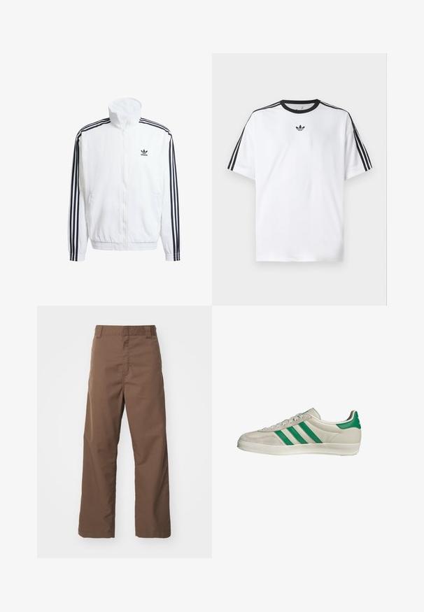 Weißer Zip-Up-Jacke mit hohem Kragen, ausgestattet mit schwarzen Drei-Streifen-Akzenten an den Ärmeln und einem kleinen schwarzen adidas-Logo auf der Brust.; Weißes T-Shirt aus Baumwolle mit einem schwarzen, runden Halsausschnitt und drei schwarzen Streifen auf jeder Schulter. Kleines schwarzes Logo auf der Brust.; Braune gerade geschnittene Hosen aus strapazierfähigem Stoff mit glatter Textur. Mit Gürtelschlaufen und flachen Bunddesign, geeignet für lässige Kleidung.; Beige Sneaker mit grünen Streifen, ausgestattet mit einer weißen Sohle und einem Obermaterial aus glattem Leder. Seitenansicht, die die Schnürdetails und das Logo hervorhebt.