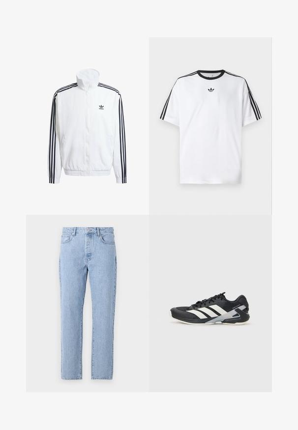 Veste blanche zippée avec col montant, ornée de accents noirs à trois rayures sur les manches et d'un petit logo adidas noir sur la poitrine.; T-shirt blanc en coton, doté d'un col rond noir et de trois rayures noires sur chaque épaule. Petit logo noir sur la poitrine.; Jean en denim bleu clair avec une coupe droite, cinq poches et une fermeture à bouton. Texture douce avec une finition vieillie classique.; Chaussure de sport noire avec des rayures blanches, tige en mesh, bout arrondi et semelle rembourrée. Comprend un talon texturé et un système de laçage sécurisé.