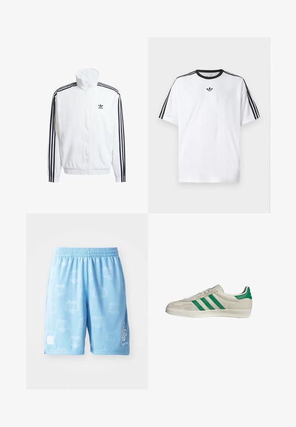Giacca bianca con zip e collo alto, con accenti neri a tre strisce sulle maniche e piccolo logo adidas nero sul petto.; Maglietta bianca in cotone, con scollatura rotonda nera e tre strisce nere su ciascuna spalla. Piccolo logo nero sul petto.; Pantaloni sportivi azzurro chiaro realizzati in tessuto morbido, con un motivo sottile, vita elastica e accenti di logo stampati su una gamba.; Sneaker beige con strisce verdi, con suola bianca e tomaia in pelle liscia. Vista laterale che evidenzia i dettagli dei lacci e il logo.