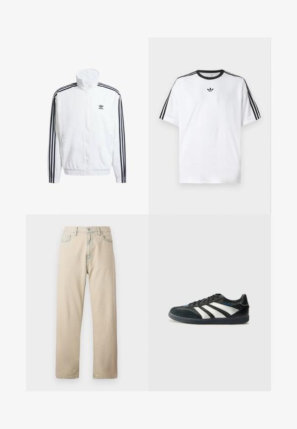 Biała kurtka z zamkiem na całej długości i wysokim kołnierzem, z czarnymi, trzema pasami na rękawach oraz małym czarnym logo adidas na piersi.; Biała koszulka z bawełny, z czarnym okrągłym dekoltem i trzema czarnymi paskami na każdym ramieniu. Małe czarne logo na klatce piersiowej.; Beżowe dżinsy bawełniane o prostych nogawkach, pięć kieszeni, szlufki na pasek i zamek błyskawiczny. Lekko wybarwiona tekstura i kontrastowe przeszycia.; adidas Performance JUDE BELLINGHAM PREDATOR FREESTYLE czarny