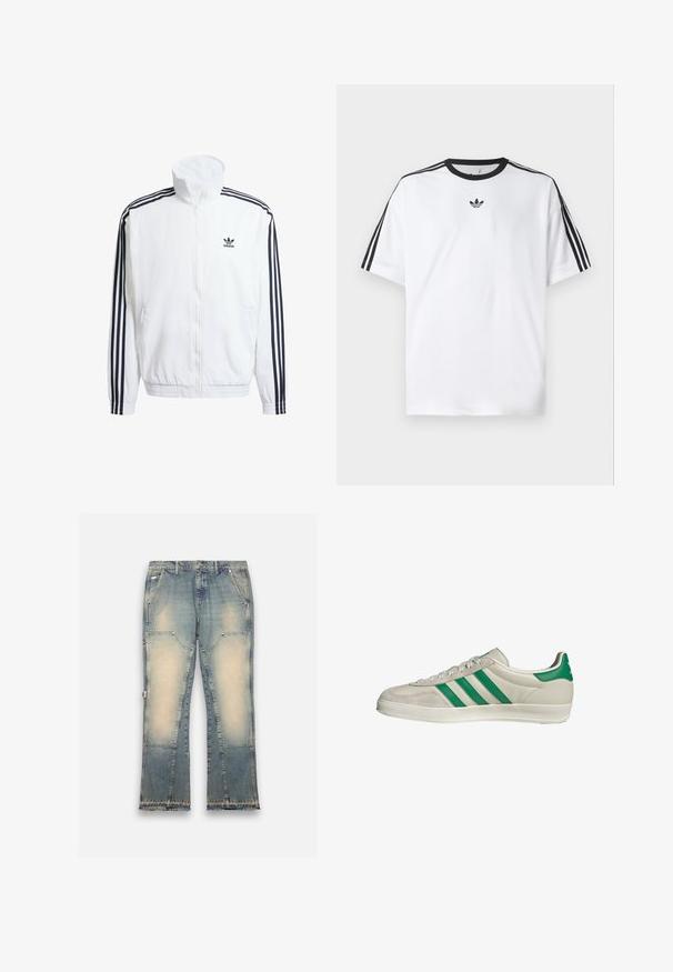 Witte zip-up jas met hoge kraag, voorzien van zwarte driekleurige accenten op de mouwen en een klein zwart adidas-logo op de borst.; Witte T-shirt van katoen, met een zwarte ronde halslijn en drie zwarte strepen op elke schouder. Klein zwart logo op de borst.; Lichtblauwe denim jeans met een vervaagd ontwerp, wijde pijpen, vijf zakken en rafelige zomen. Bevat contrasterende stukken voor extra textuur.; Beige sneaker met groene strepen, voorzien van een witte zool en een bovenkant van glad leer. Zijaanzicht dat de veters en het logo benadrukt.