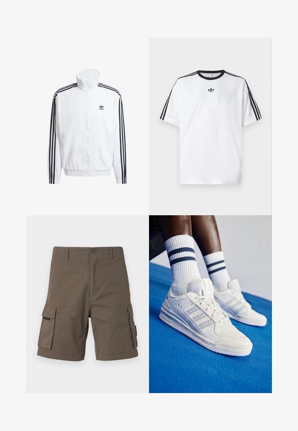 White zip-up jacket with high collar, featuring black three-stripe accents on sleeves and a small black adidas logo on the chest.; White T-shirt made of cotton, featuring a black round neckline and three black stripes on each shoulder. Small black logo on the chest.; Cargo shorts in olive green, made from cotton, featuring two side pockets, a button closure, and a straight leg design.; White leather sneakers with perforated accents, three metallic stripes, and a textured side panel. Worn with white socks featuring blue stripes.