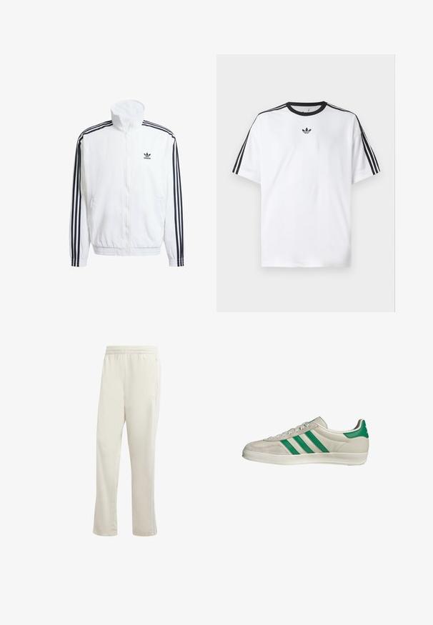 Witte zip-up jas met hoge kraag, voorzien van zwarte driekleurige accenten op de mouwen en een klein zwart adidas-logo op de borst.; Witte T-shirt van katoen, met een zwarte ronde halslijn en drie zwarte strepen op elke schouder. Klein zwart logo op de borst.; adidas Originals FIREBIRD - Trainingsbroek - white; Beige sneaker met groene strepen, voorzien van een witte zool en een bovenkant van glad leer. Zijaanzicht dat de veters en het logo benadrukt.