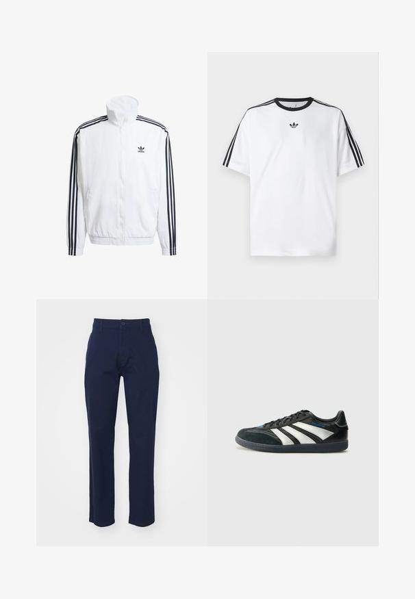 Bijela jakna sa zipom i visokim okovratnikom, s crnim trakama u tri reda na rukavima i malim crnim adidas logom na prsima.; Bijela majica od pamuka, s crnim okruglim izrezom i tri crne pruge na svakom ramenu. Mali crni logo na prsima.; Alpha Industries PANT - Chino hlače - ultra navy; adidas Performance PREDATOR FREESTYLE JUDE INDOOR FOOTBALL SHOES - Dvoranske nogometne kopačke - core black/silver-coloured/glory blue