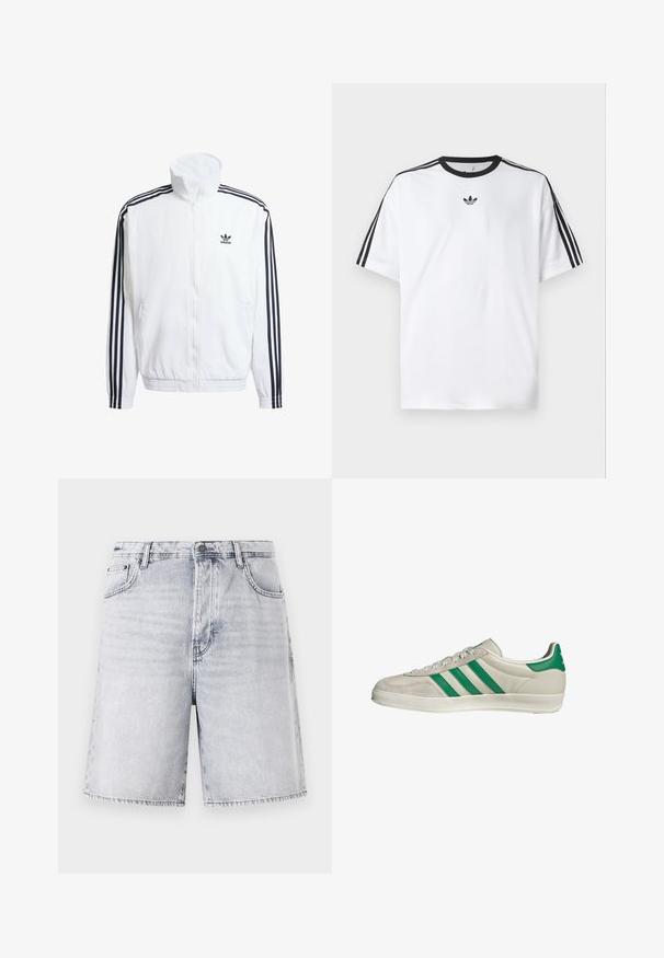 Weißer Zip-Up-Jacke mit hohem Kragen, ausgestattet mit schwarzen Drei-Streifen-Akzenten an den Ärmeln und einem kleinen schwarzen adidas-Logo auf der Brust.; Weißes T-Shirt aus Baumwolle mit einem schwarzen, runden Halsausschnitt und drei schwarzen Streifen auf jeder Schulter. Kleines schwarzes Logo auf der Brust.; Hellgraue Denim-Shorts mit einem leicht verblassten Finish. Verfügt über fünf Taschen, Gürtelschlaufen und einen Reißverschluss mit Knopfverschluss.; Beige Sneaker mit grünen Streifen, ausgestattet mit einer weißen Sohle und einem Obermaterial aus glattem Leder. Seitenansicht, die die Schnürdetails und das Logo hervorhebt.