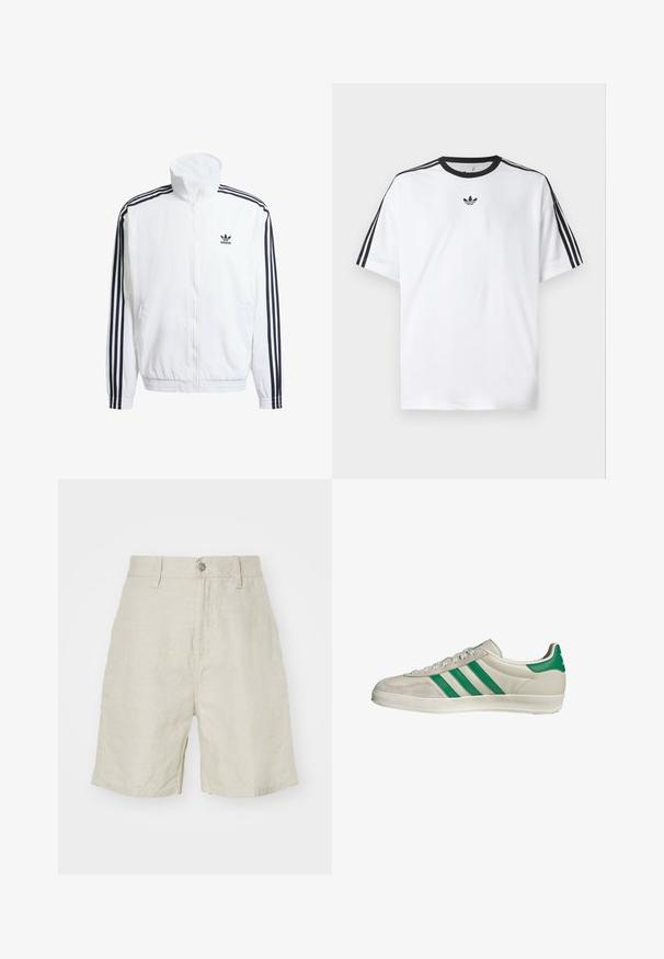 Weißer Zip-Up-Jacke mit hohem Kragen, ausgestattet mit schwarzen Drei-Streifen-Akzenten an den Ärmeln und einem kleinen schwarzen adidas-Logo auf der Brust.; Weißes T-Shirt aus Baumwolle mit einem schwarzen, runden Halsausschnitt und drei schwarzen Streifen auf jeder Schulter. Kleines schwarzes Logo auf der Brust.; Leinen-Shorts in hellem Beige mit hoher Taille, Knopfverschluss und seitlichen Taschen. Sanfte Textur mit lockerer Passform.; Beige Sneaker mit grünen Streifen, ausgestattet mit einer weißen Sohle und einem Obermaterial aus glattem Leder. Seitenansicht, die die Schnürdetails und das Logo hervorhebt.