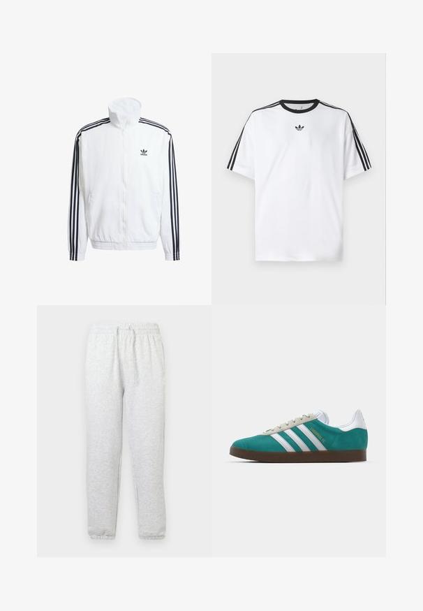 Casaco branco com fecho éclair e gola alta, apresentando detalhes em preto com três riscas nas mangas e um pequeno logotipo preto da adidas no peito.; Camiseta branca em algodão, com gola redonda preta e três riscas pretas em cada ombro. Pequeno logótipo preto no peito.; Calças de moletão cinza claro feitas de material suave, apresentando uma cintura elástica com cordões e punhos elásticos nos tornozelos.; adidas Originals ADIDAS GAZELLE SHOES - Botas de futebol de salão - liverpool fc/sea green/footwear white