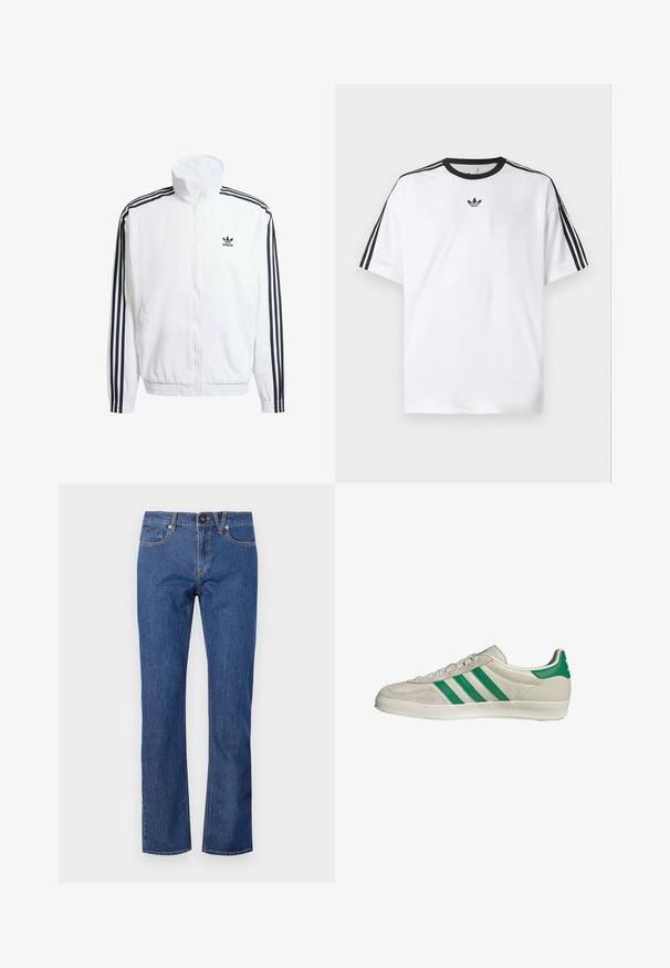 Giacca bianca con zip e collo alto, con accenti neri a tre strisce sulle maniche e piccolo logo adidas nero sul petto.; Maglietta bianca in cotone, con scollatura rotonda nera e tre strisce nere su ciascuna spalla. Piccolo logo nero sul petto.; Jeans in denim blu a gamba dritta con chiusura a bottone, passanti per cintura e cinque tasche con dettagli di cucitura discreti.; Sneaker beige con strisce verdi, con suola bianca e tomaia in pelle liscia. Vista laterale che evidenzia i dettagli dei lacci e il logo.
